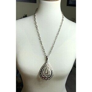 Art Deco Large Teardrop Filigree Pendant Necklace Silvertone